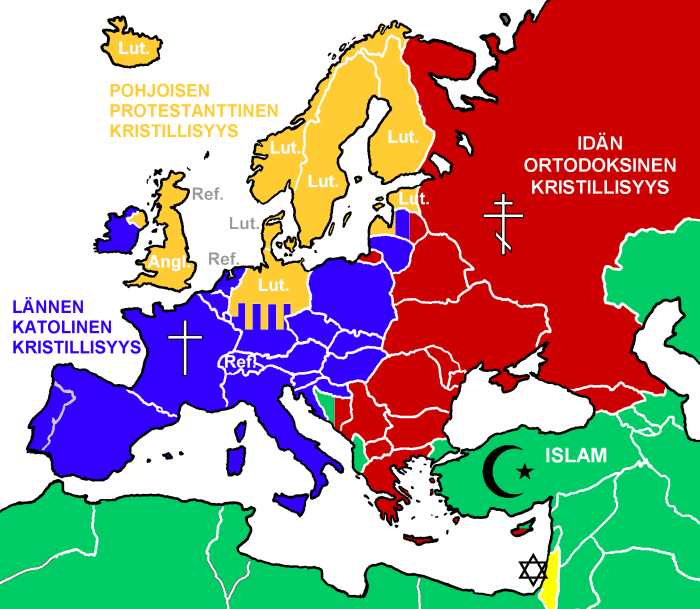 Euroopan uskonnollinen jakautuminen. Kartan teko: Timo Muola