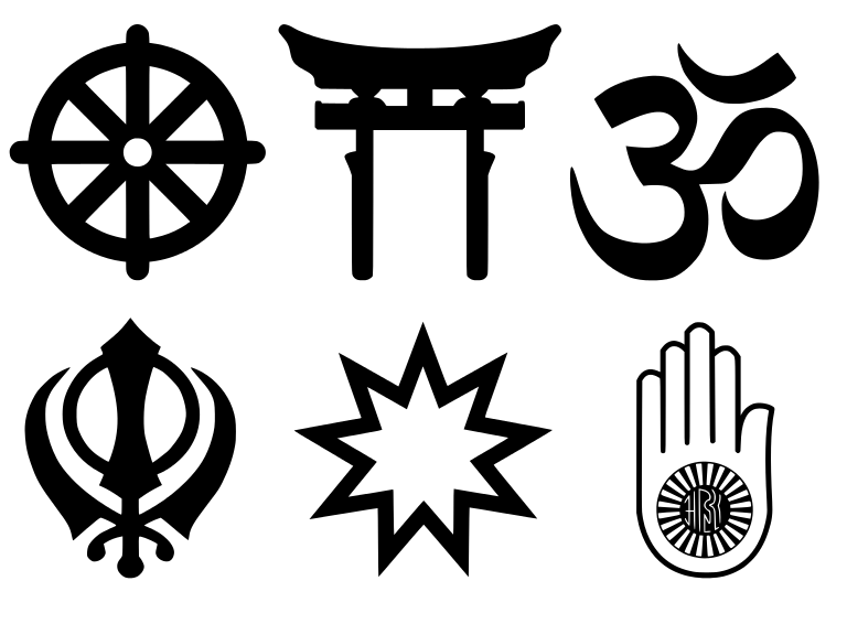Uskontojen symboleita. Kuva alunperin: Wikipedia