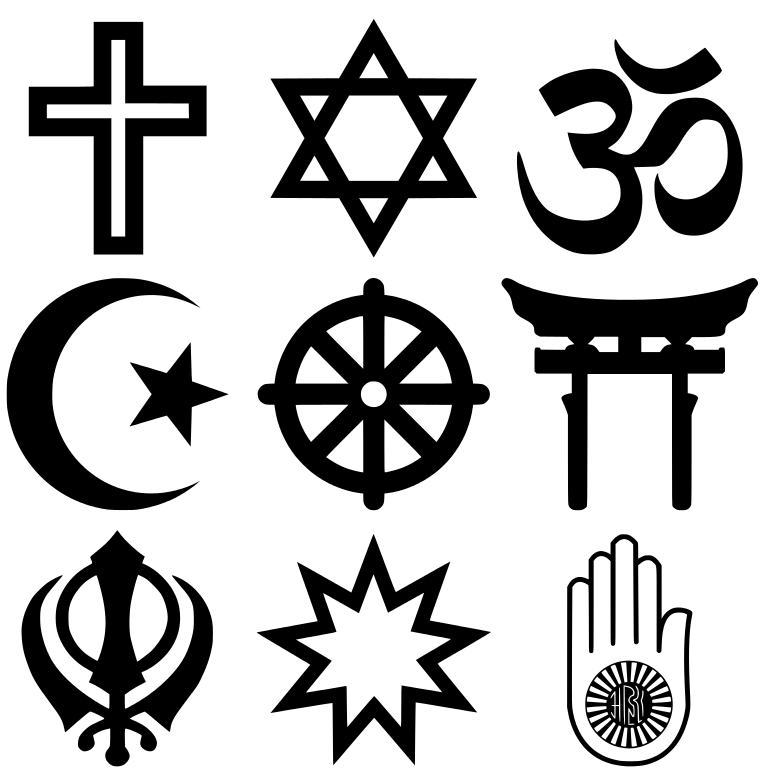 Uskontojen symboleita. Kuva: Wikipedia